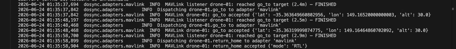 DoSync hub log showing each waypoint command followed by a telemetry-confirmed arrival