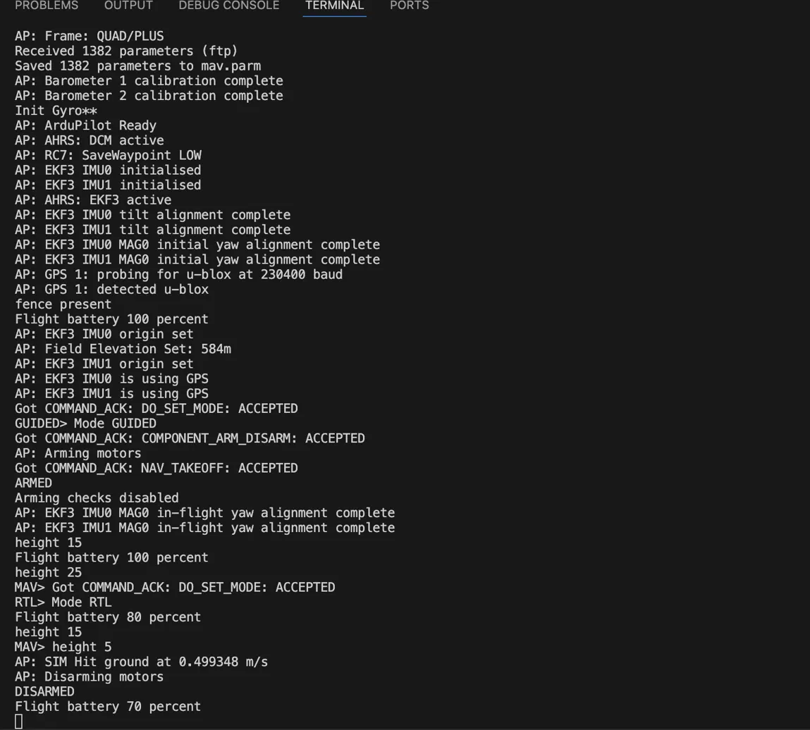 ArduPilot SITL console: arm, takeoff, climb, RTL, land, disarm